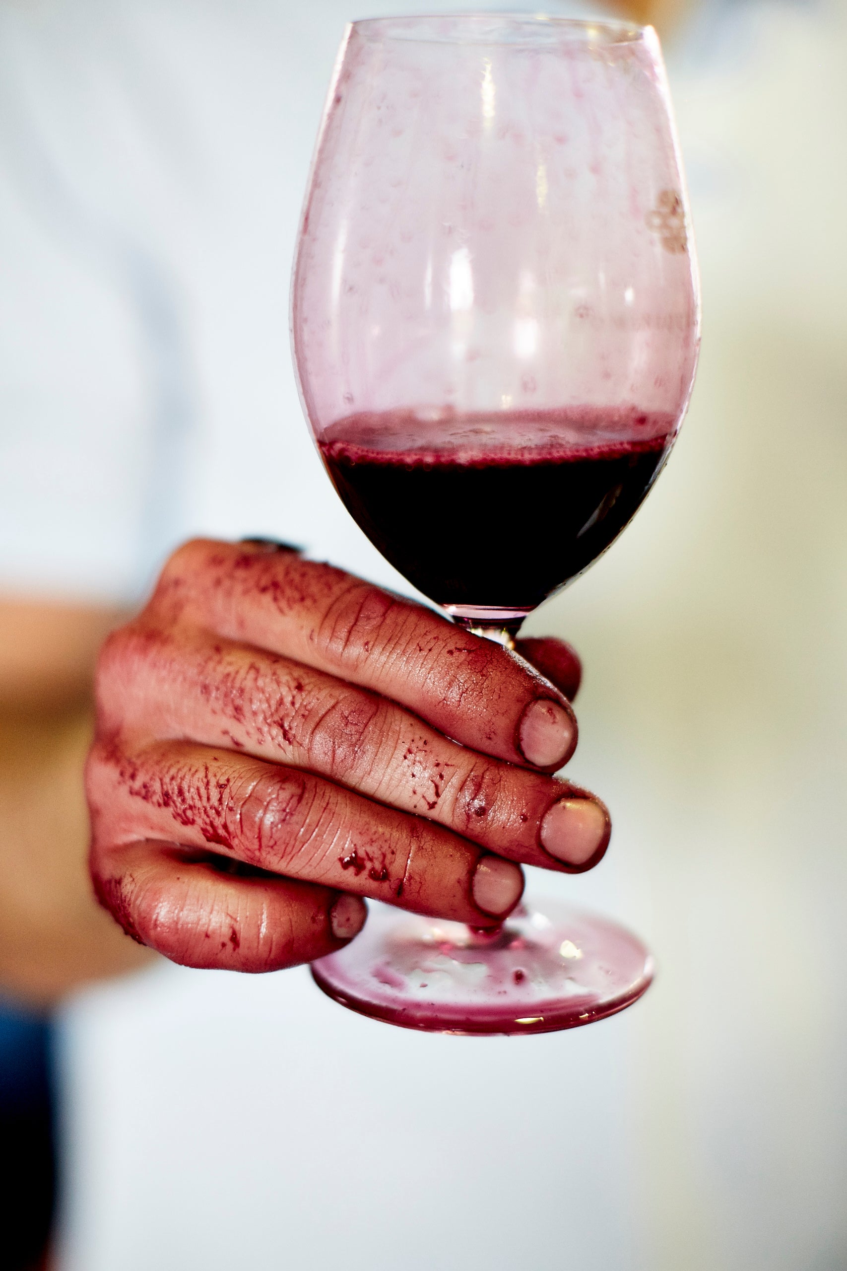 A close-up of a hand stained with red grape juice holding a glass of red wine, with traces of wine on the glass and fingers. The background is blurred.